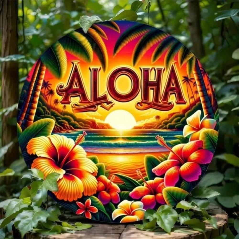 Vintage Tropical Beach Sunset Metal Tin Sign Aloha Wall Decor for Home
