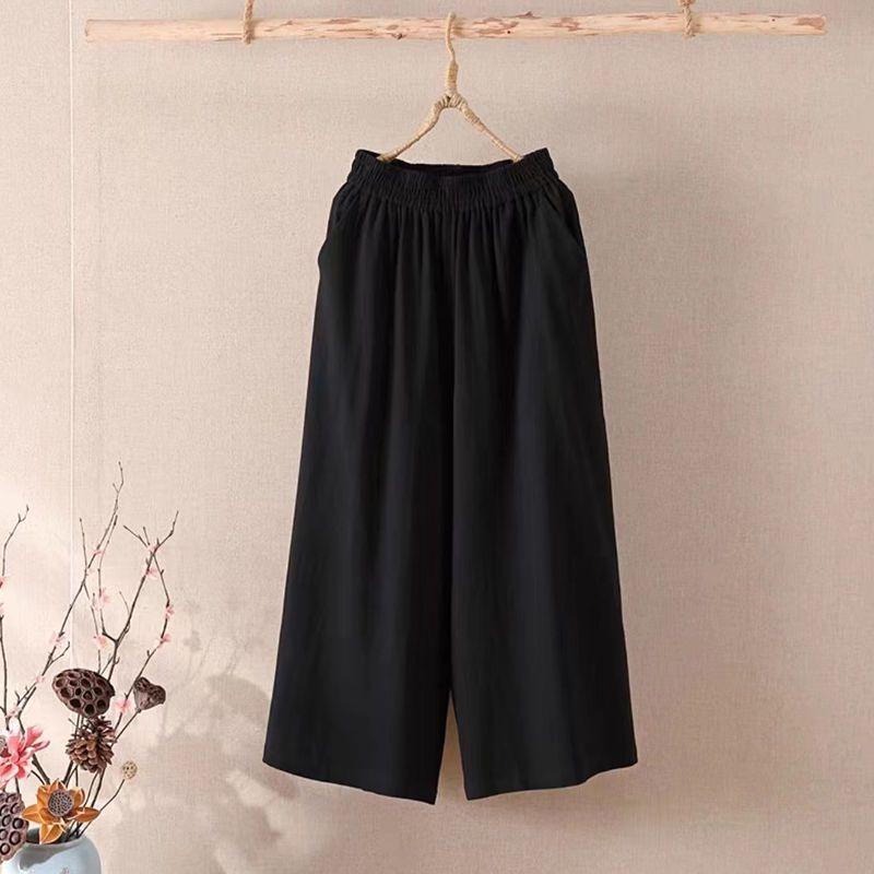 2025 Women's Plus Size Cotton Linen Wide Leg Cropped Pants - Summer Casual, Elastic Waist, Solid Color, Trendy and Loose Fit