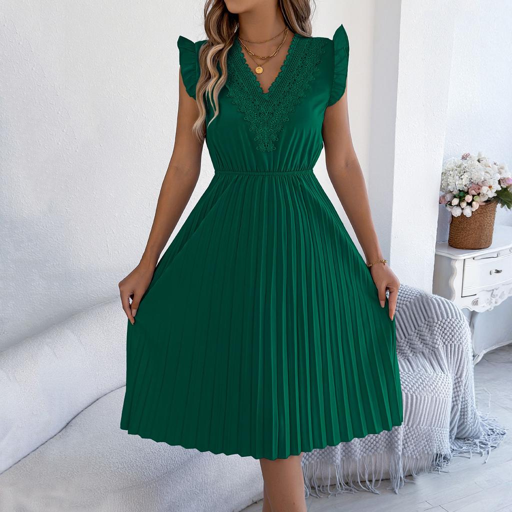 Modisches Lässiges Spitzen-V-Ausschnitt-Kleid mit Rüschen, Taillenbetonung und Falten