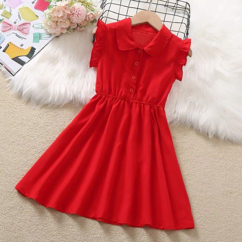 Girls Summer Preppy Sleeveless Shirt Dress Chic Thin Princess Dress Kids Clothing 110cm красный