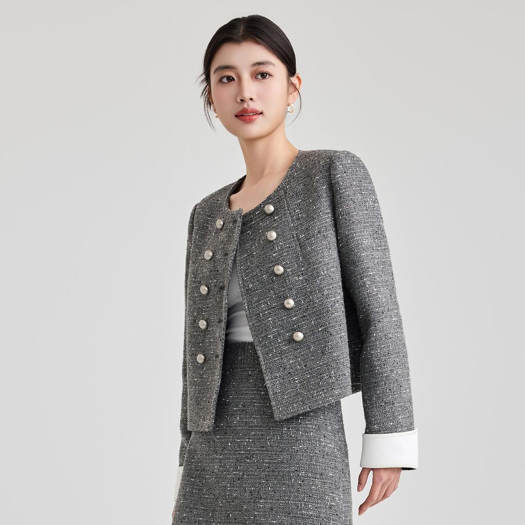 Xiaoxiangfeng coarse woolen elegant short jacket for women in the spring of 2025, with a high-end and casual feel
