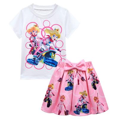 Summer Fashion Comfortable Anime Cartoon Cute Fashion Printed Set Soft Beautiful Bow Short Sleeve Pleated Skirt Set