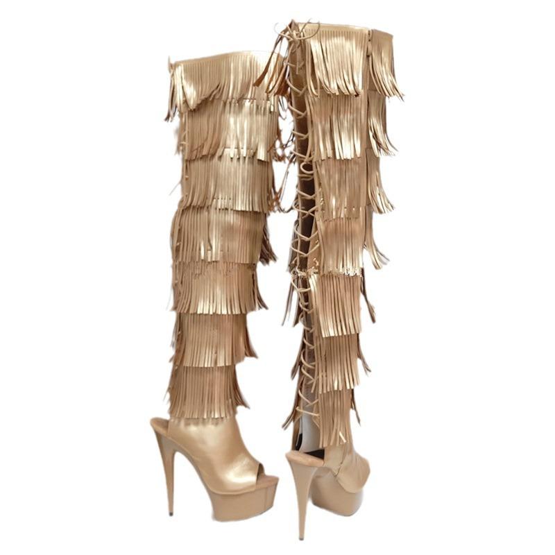 Women's shoes 2025 spring new high tube over knee fish mouth high heels women's black fashion women's shoes super high heel 15CM