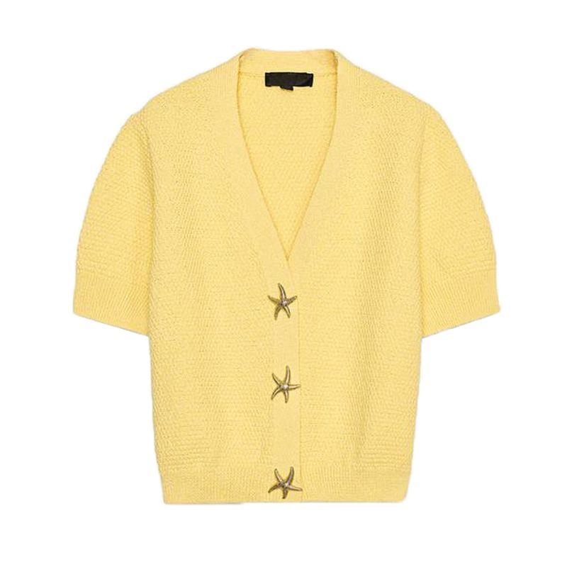 Summer New Product Women's Clothes French Classic Style Short Sleeve V Neck XINGX-Shaped Button Decoration Knitting Outwear 6771066