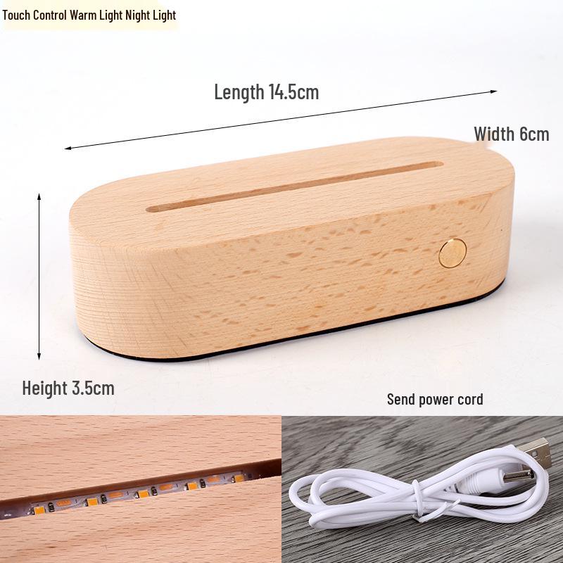 Oval Touch-Control LED Night Lamp with USB, Beech Wood Base