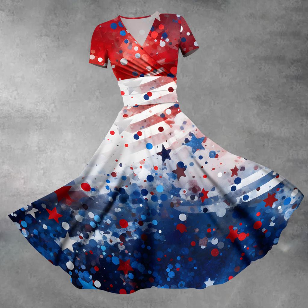 Women's Fashion Casual Independence Day Printed Short Sleeve Dress Elegant Maxi Dress