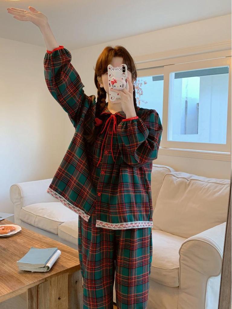 Корейський картатий різдвяний піжамний комплект для дівчаток - комірець Пітера Пена, довгий рукав та штани, осінньо-зимовий домашній одяг