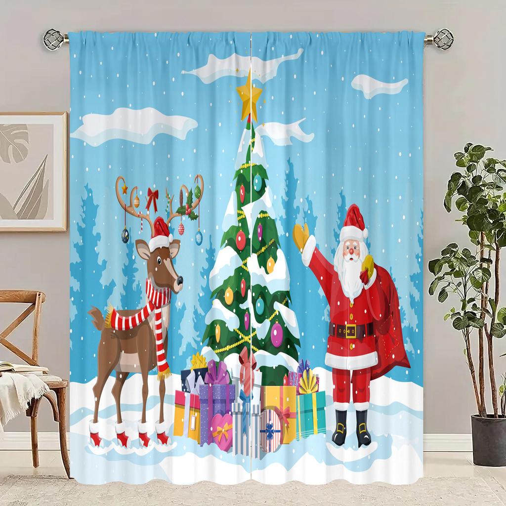 2 Pieces of Christmas Tree Printing Curtain - Polyester Material - Suitable for Bedroom Living Room Study Room Privacy Curtain