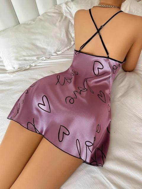 Heart Letter Print Nightdress Casual Round Neck Spaghetti Strap Sleep Dress Women s Sleepwear Dresses S