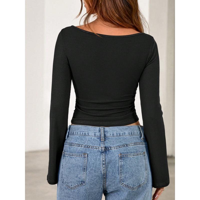 Top da Donna Girocollo Corto Maniche a Svaso Y2k Aderente Versatile Casual Manica Lunga