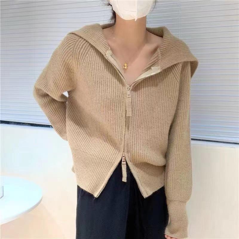Navy collar zipper sweater jacket cardigan women's autumn and winter clothing gentle wind wear loose lazy wind top tide