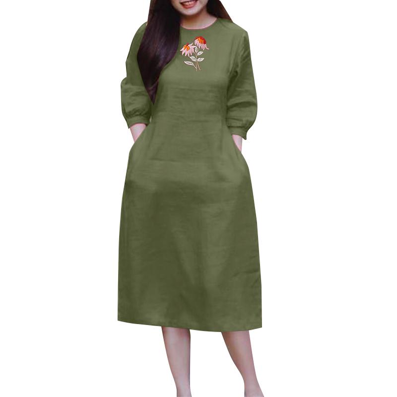

ZANZEA Women Casual Round Neck 3/4 Sleeve Loose Floral Embroidery Dress 2XL зелёный