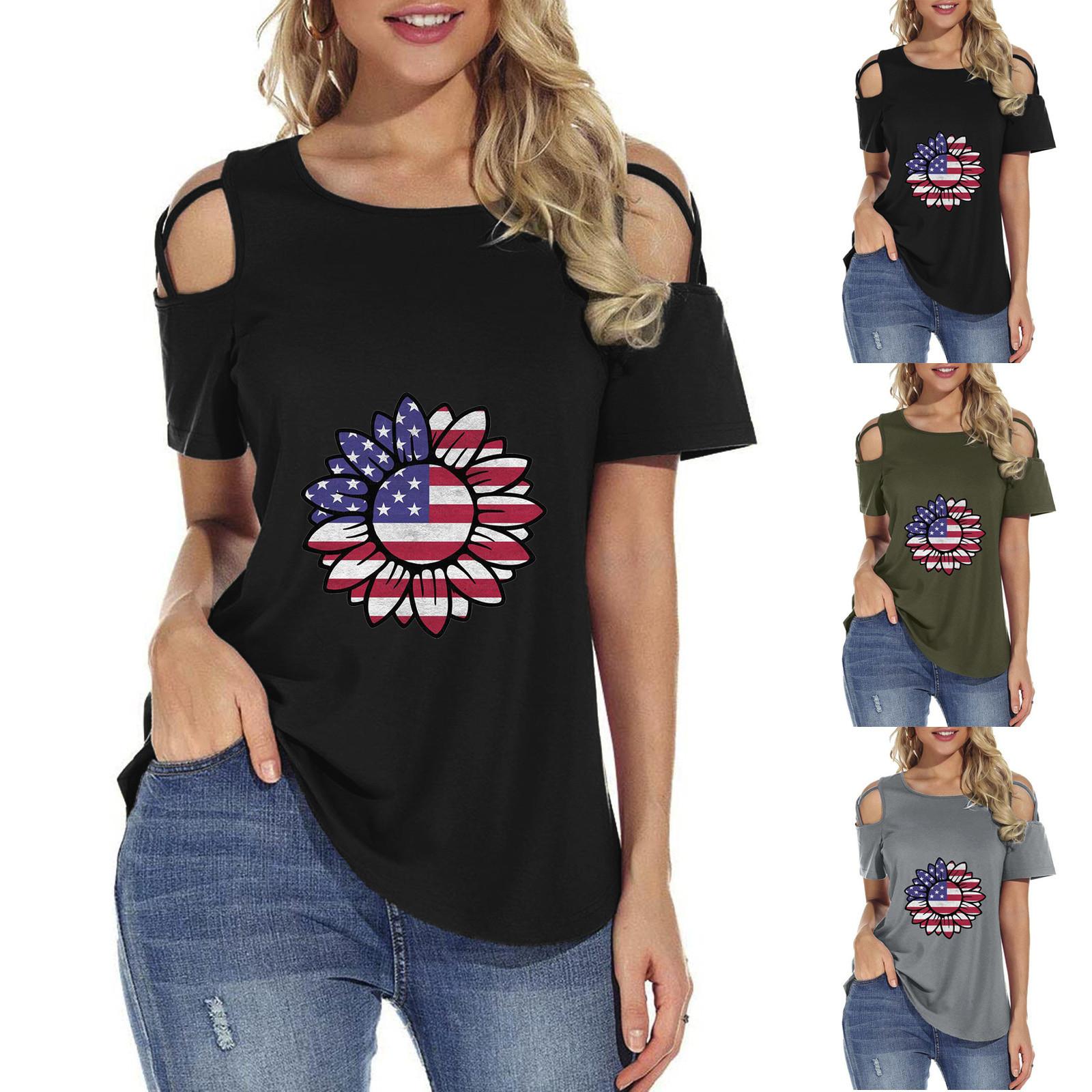 

Женская летняя футболка с короткими рукавами и принтом на бретелях и открытыми плечами, топы, блузки