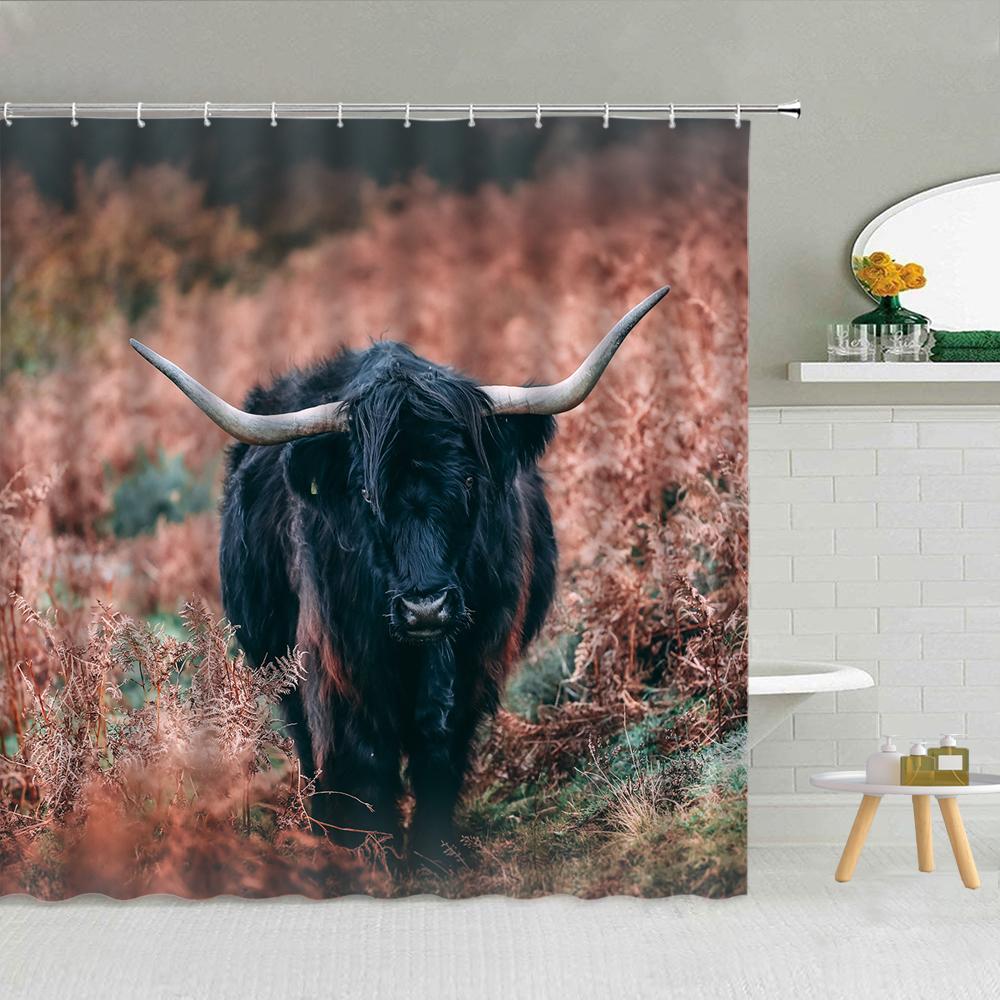 Cute Cow Bull Shower Curtain with Hooks Modern Fashion Funny Western Farm Animal Bathroom Curtain Polyester Bath Screen