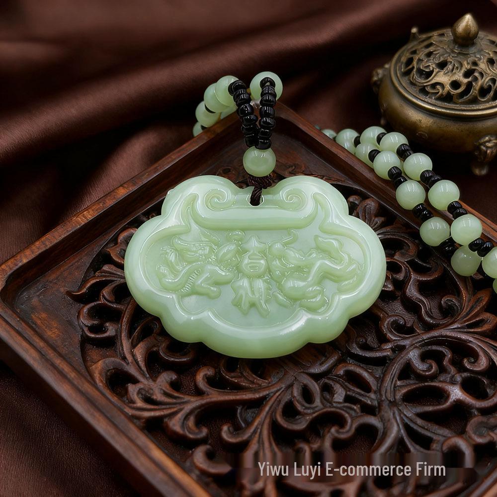 Vielseitige Retro Ethno Stil Jade Bagua Anhänger Halskette mit Münzbörse und Glücksbeutel Anhänger in Mehreren Stilen brown