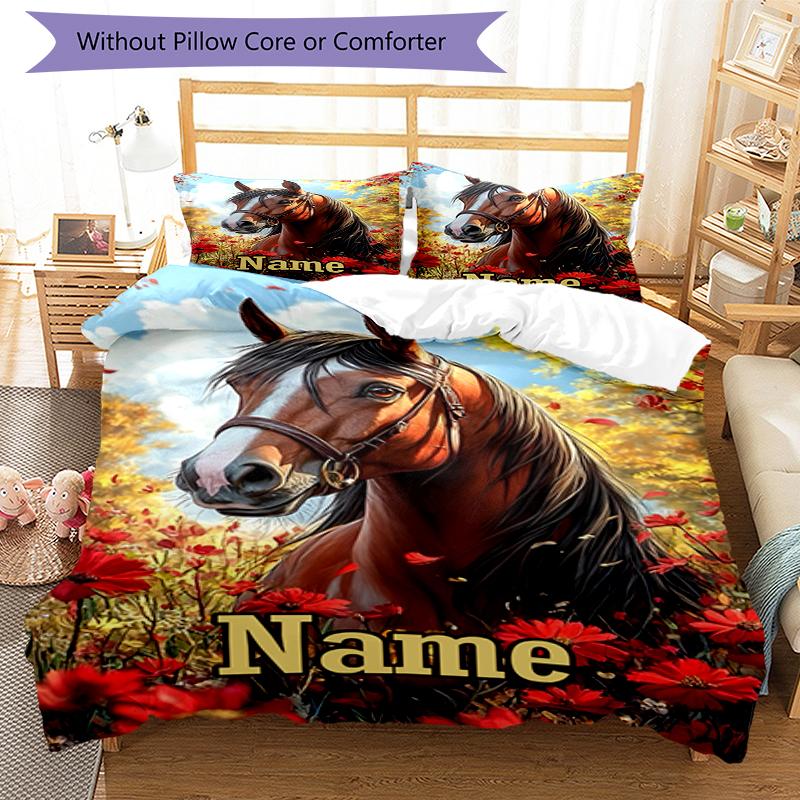 3pcs Custom Name Horse Bedding Set Duvet Cover Closure Includes 1 Duvet Cover & 2 Pillowcases, Soft and Comfortable for All Seasons.