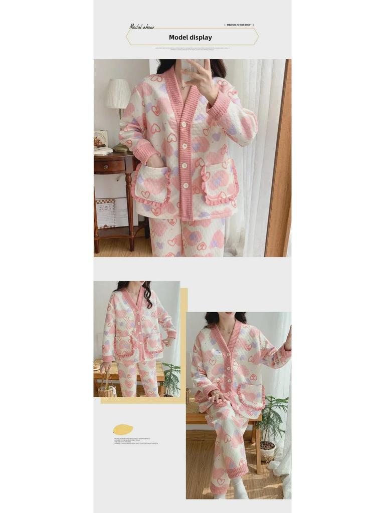 Damen Cartoon Baumwollpyjama Set - Warm und stilvoll für Herbst/Winter