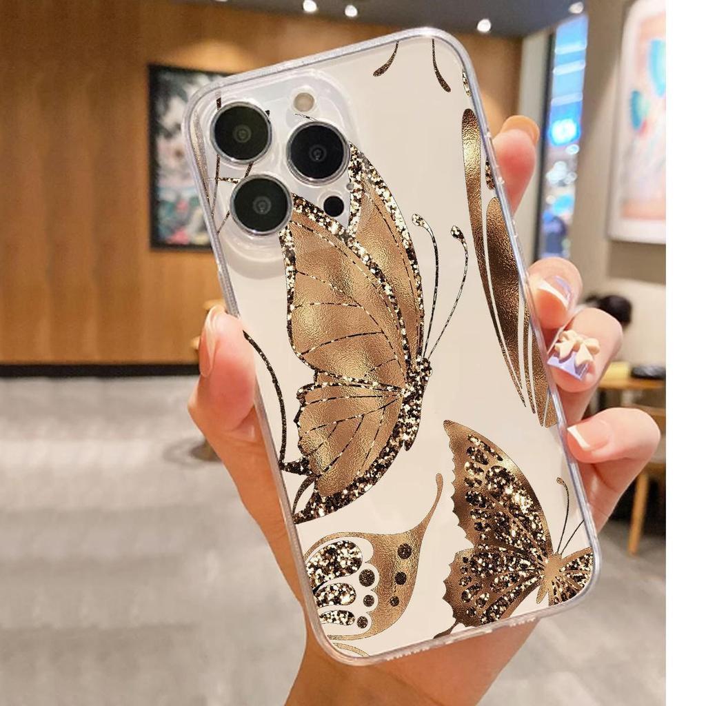 Custodia Trasparente Antiurto con Farfalla Dorata per Serie iPhone 14/15/16/17 Pro Max