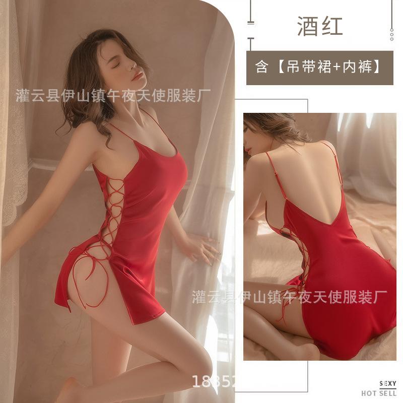Sex Underwear Sexy Bright Pajamas Home Side Open Suspender Skirt Couple Mood Women's Nightgown Seduction Outfit 1651