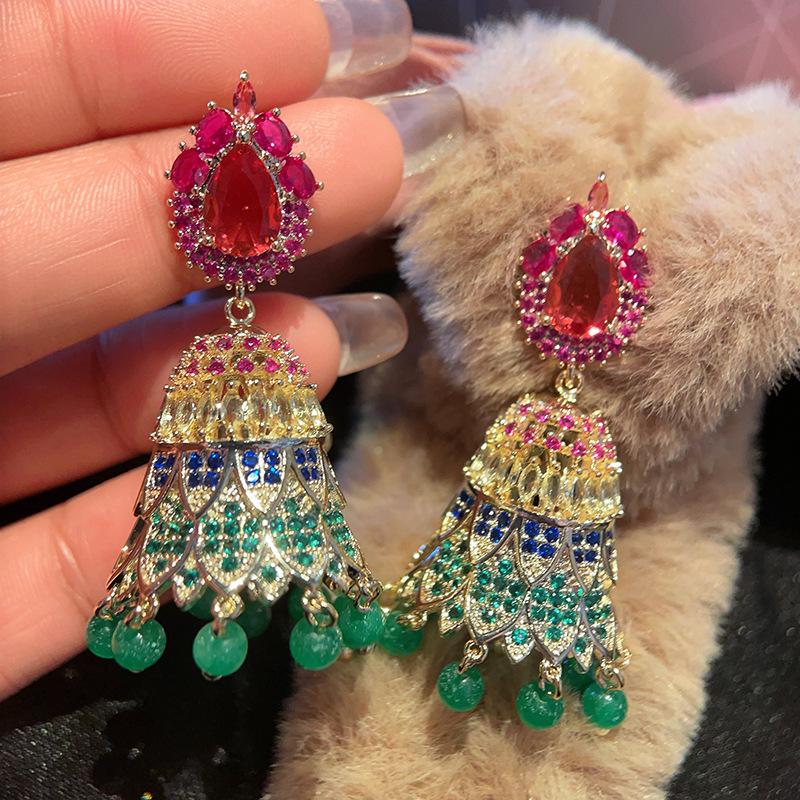 Indian Ethnic Characteristics, Personalized Style, Bells, Wind Chimes, Earrings, Colored Zircon, Fringed Earrings.