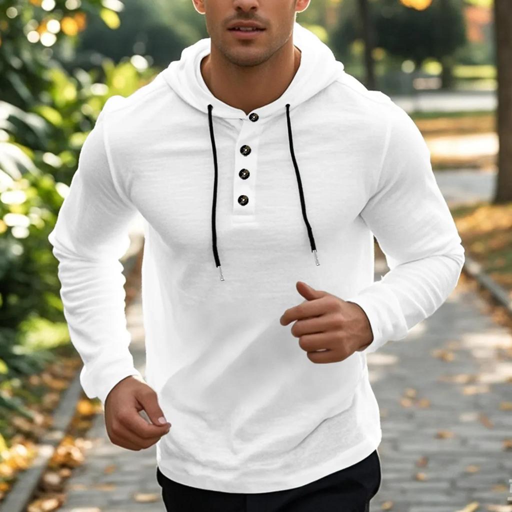 T-shirt con cappuccio da uomo Primavera Estate Lino tinta unita Casual Bottoni Manica lunga Sottile T-shirt Uomo