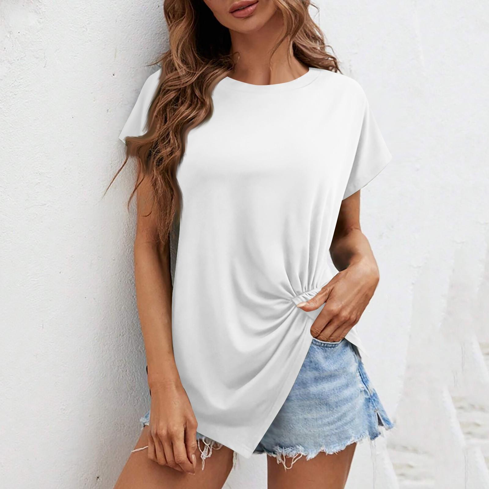 

Нова одноколірна жіноча футболка з круглим вирізом із нерівним подолом і короткими рукавами XL білий