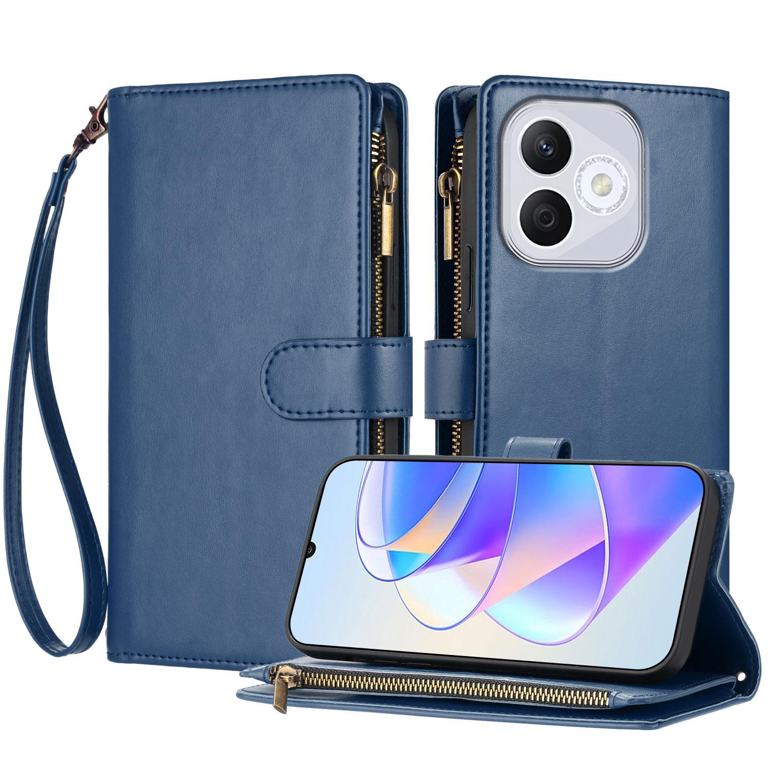 

For Honor 400 Lite 5G Leather Case Zipper Wallet Stand Shockproof Phone Cover with Wrist Strap
