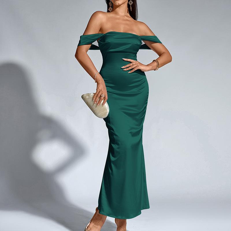 Parthea Matte High Elastic Dress, Sexy Waist One-word Shoulder Halter Back Hip Bag Tight Suspender Fishtail Dress