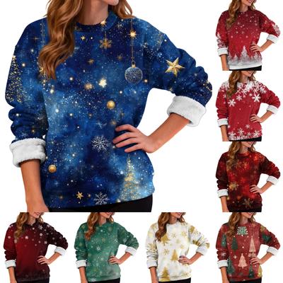 Damenmode Lässig Langarm Weihnachten Bedruckt Rundhals Plus Samt Verdicktes Sweatshirt