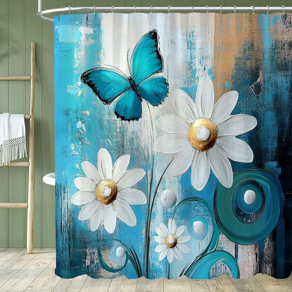 1pc Beautiful Blue Flowers Shower Curtain, Bathroom Decorative Curtain, Floral Printed Polyester Home Curtain with Hooks