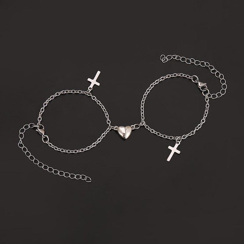 JWER 2 Stück/Set Magnetische Partnerarmbänder Herz Anziehungsarmband Edelstahl Anhänger Einfache Kubanische Ketten Schlüssel Schloss Schmuck Geschenke