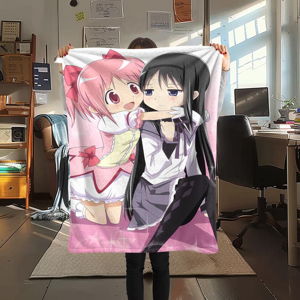 1PC Puella Magi Madoka Magica Print Flannel Blanket, High Quality All Seasons, Home Decor, Warmth and Comfort, Perfect for Christmas Gifts
