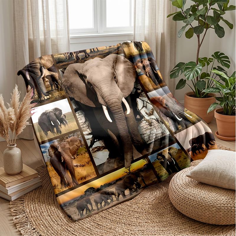 Elephant Art Collage Theme Blanket Lightweight Warm Flannel Blanket Decorative Throw Blanket for Home Decoration
