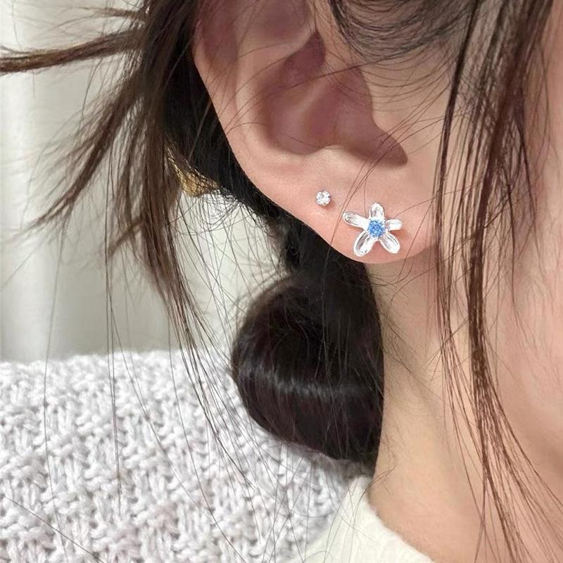 S999 Sterling Silver Blue Zircon Flower Stud Earrings for Women - Niche Design, Luxurious, Versatile