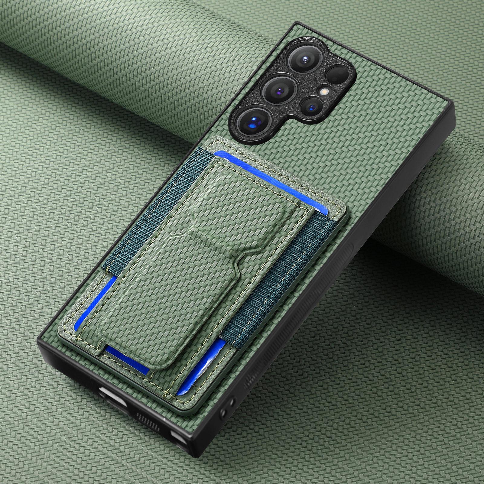 

Складная подставка Карман для карт Кошелек Чехол из углеродного волокна Для Samsung Galaxy S24 Ultra S23 S22 Plus S21 FE A15 A55 A35 Вертикальная сумка For Galaxy A15 зелёный