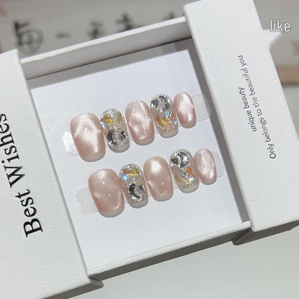 Handmade Water Ripple Cat Eye Press-On Nails with Rhinestones