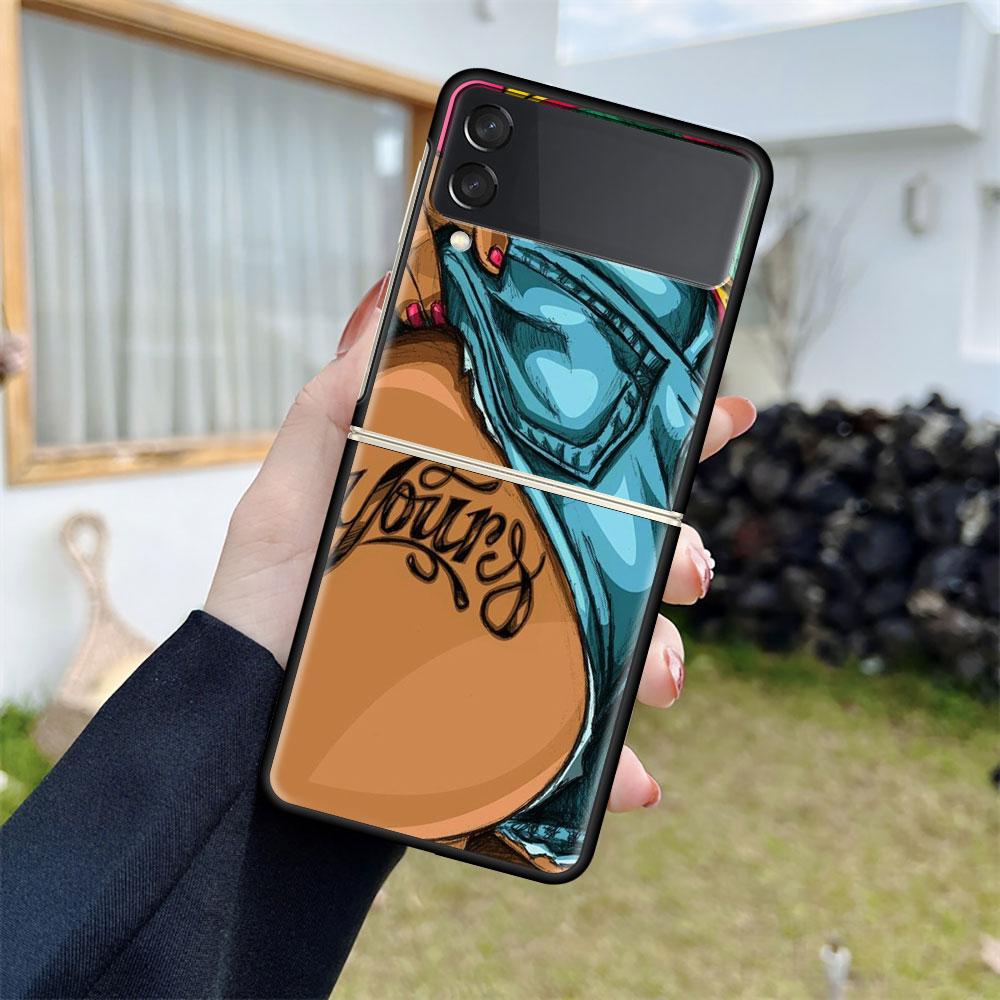 Luxury Case For Samsung Galaxy Z Flip 4 3 5G Black PC Hard Phone Cases Fashion Back Cover ZFlip Funda Sexy Tattoo Girl Shell Sac