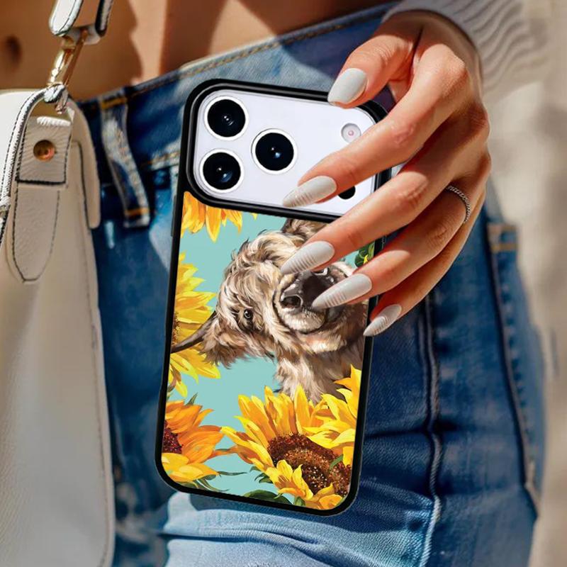 Western Highland Cow Sunflower Cute Phone Case For iPhone 17 Air 14 15 13 12 Max Cover For Apple 16e 11 Pro Max Plus Coque