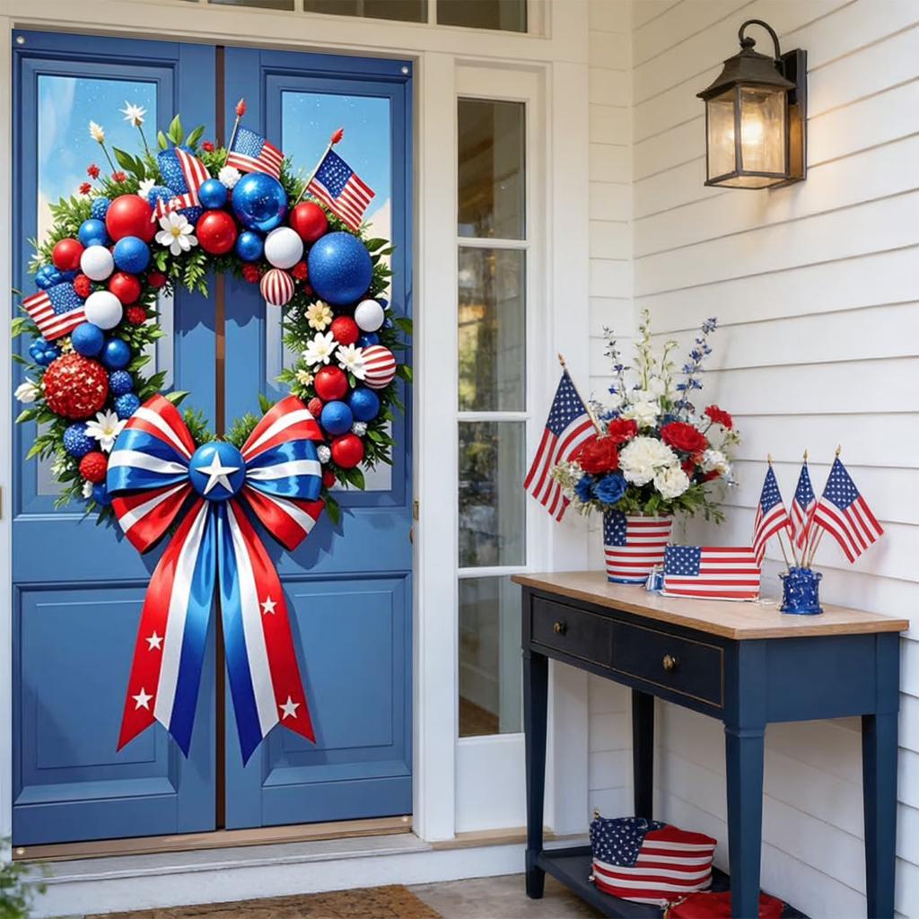 Patriotic Wreath with Decorative Bow and Star Elements for Front Door Indoor Outdoor Festival Use Holiday Decor
