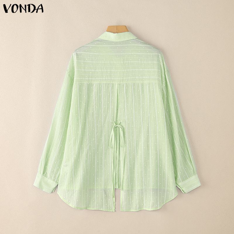 VONDA Women Casual Loose Lapel Neck Long Sleeve Polka Dots Semi-Sheer Blouse Shirts