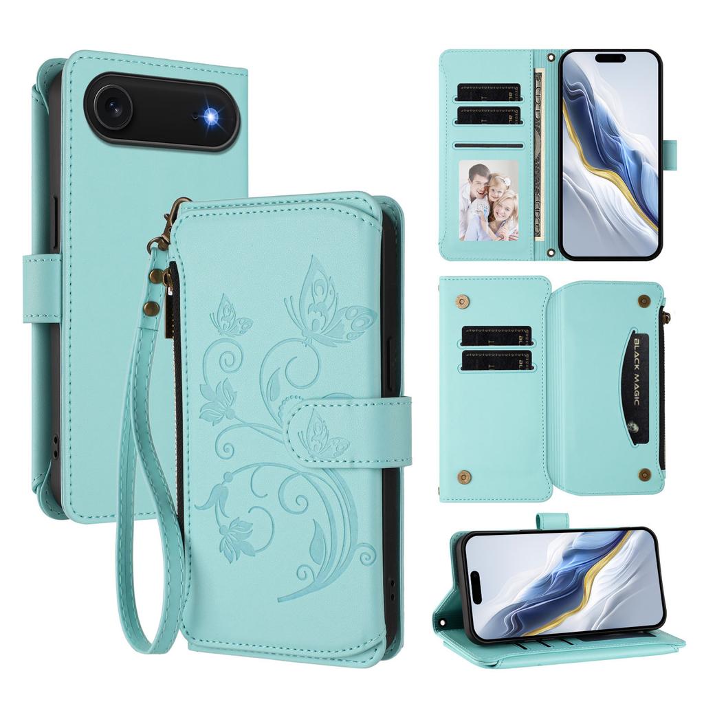 For iPhone 17 Air Leather Case Butterfly Floral Imprint Zipper Wallet Stand Cover with Wrist Strap