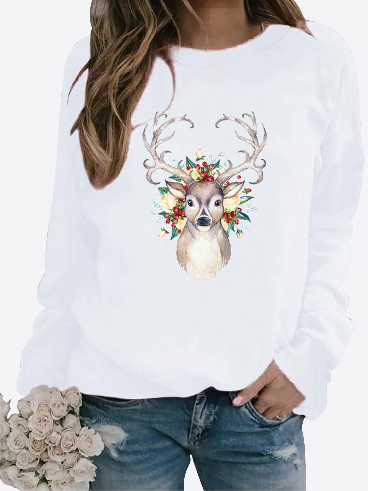 Autumn and Winter Women's Christmas Theme Printing Sweater Round Neck Long Sleeve Casual Sweatshirt Plus Size Top