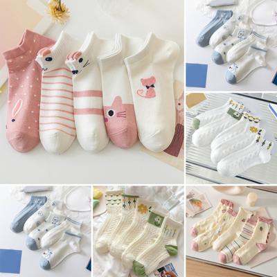 5 Pairs Women Socks Refreshing Flower Prints Mid-tube Shallow-cut High Elasticity Soft Breathable Sweat Absorption Anti-slip Girls Daily Sports Socks