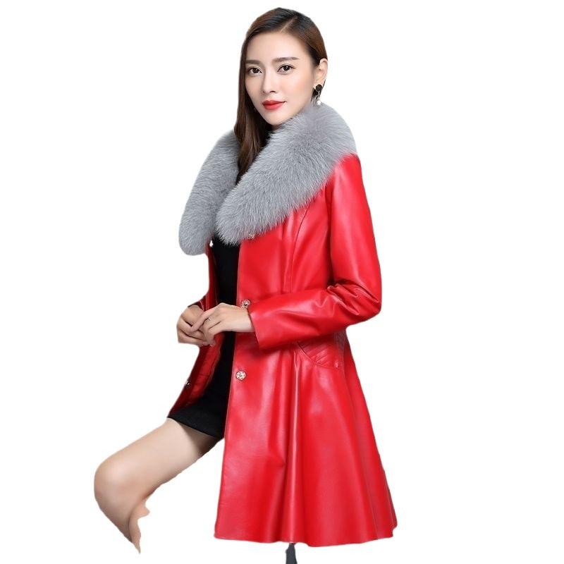 New Leather Jacket Women's Imitation Fox Fur Collar with Cotton Imitation Fur Jacket Medium and Long Slim and Thin Leather