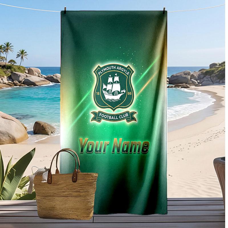 Plymouth Argyle FC Gepersonaliseerde Bedrukte Strandlaken Voetbal Logo Steun Aangepaste Naam Tekst Absorberende Handdoek Voor Sport Reizen Speciaal Cadeau