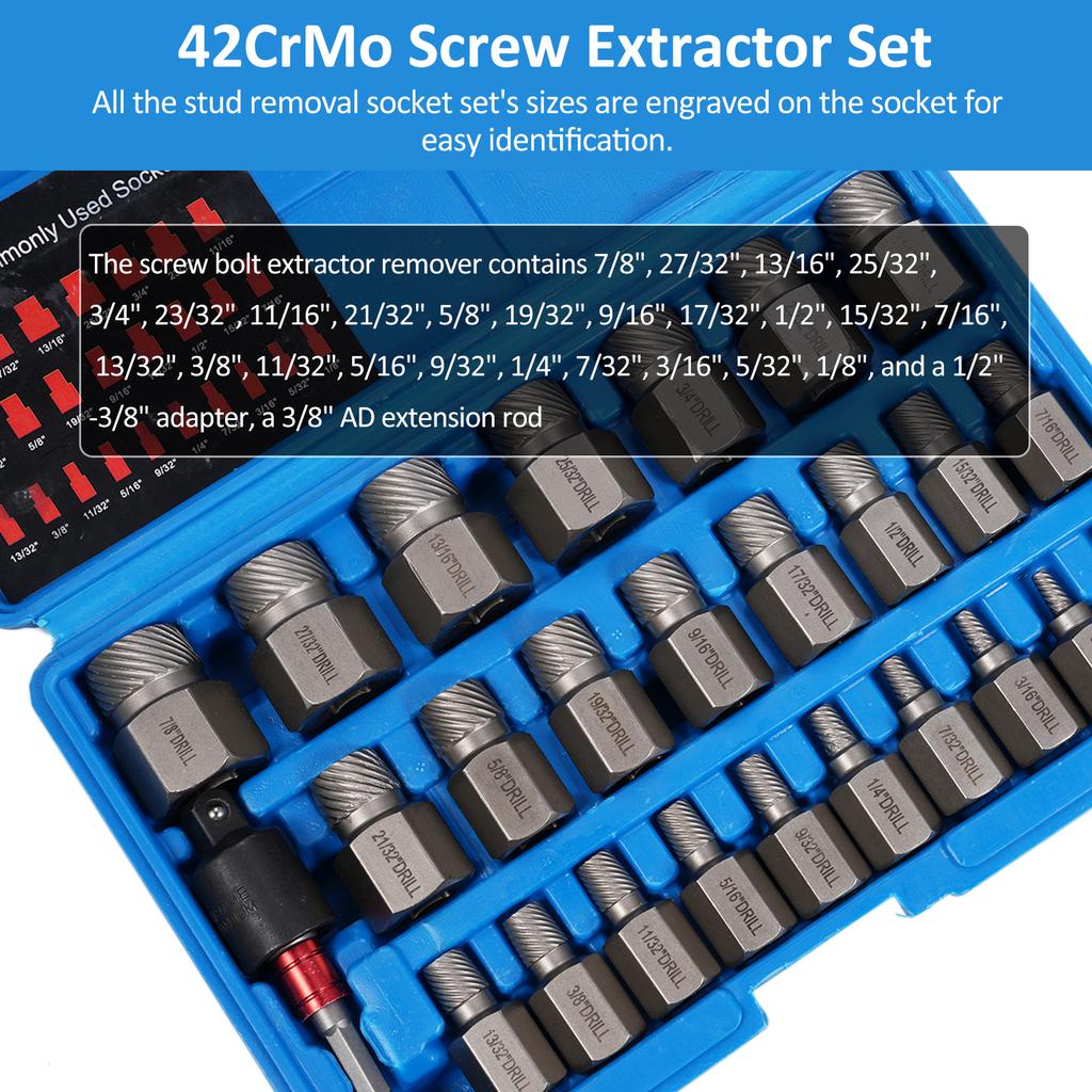 27PCS 42CrMo Screw Extractor Set, Easy Out Bolt Extractor Kit with 3 8   Inch Drive Hex Head, Multi Spline Rounded Bolt