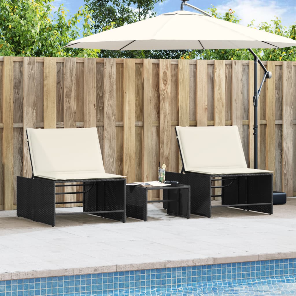 Modular Sun Loungers 2 pcs with Table Black Poly Rattan