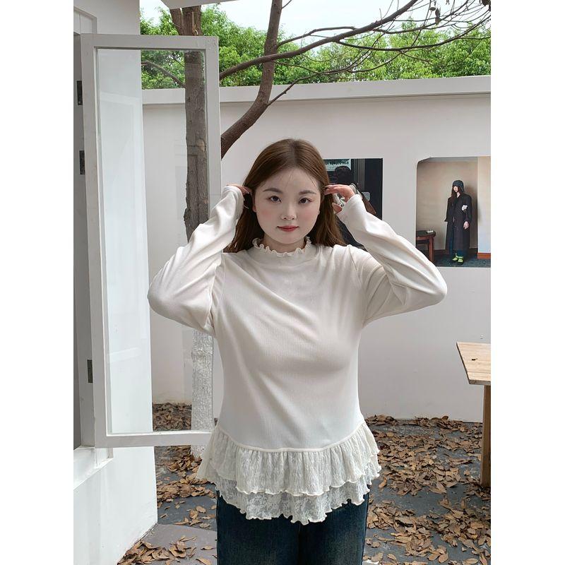 Plus-Size Women s Clothing: Lace-Trimmed T-Shirt for Autumn and Winter, Half-High Collar with Ruffled Edges, Base Layer for Plus-Size Women Apricot Lace Top M
