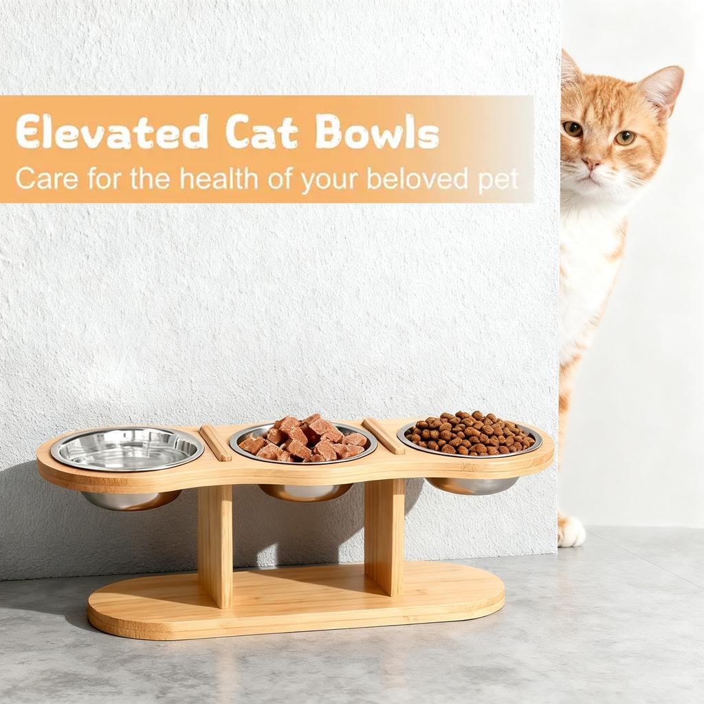 Three-tier cat feeding bowl with adjustable-angle bowls and a 15° inclined stand suitable for indoor puppies and kittens