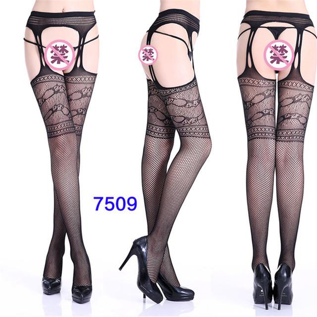 Sexy Lingerie Women's Fishnet Stockings With Garter Belt Summer Thin Lace Patterned Mesh Tights Female Black Suspender Pantyhose